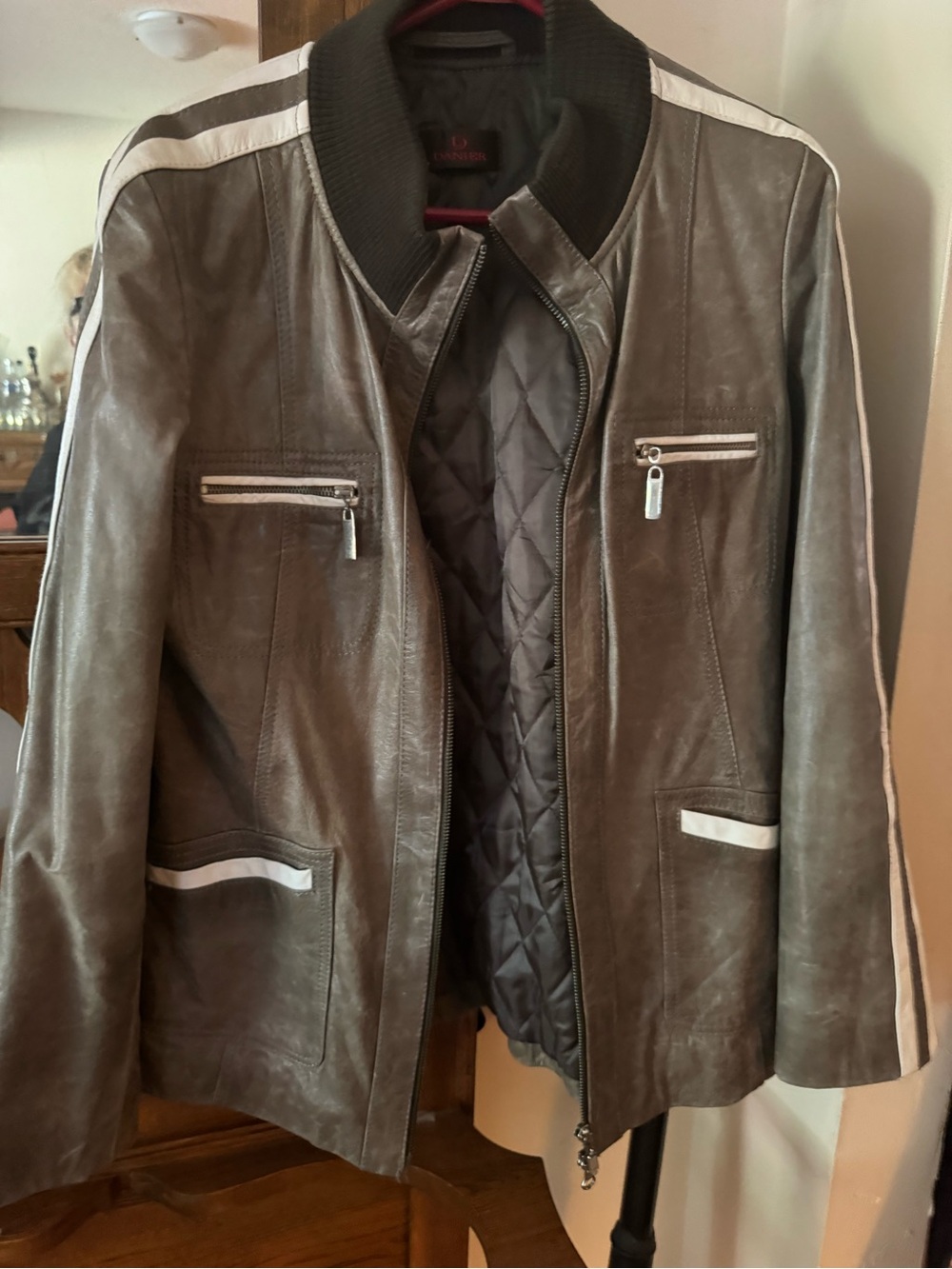 Women’s Gray Leather Bomber Jacket with White Trim
